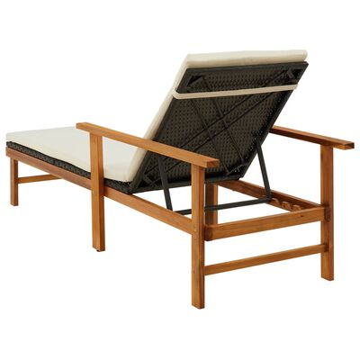 vidaXL Sun Lounger with Cushion Poly Rattan & Solid Acacia Wood Black