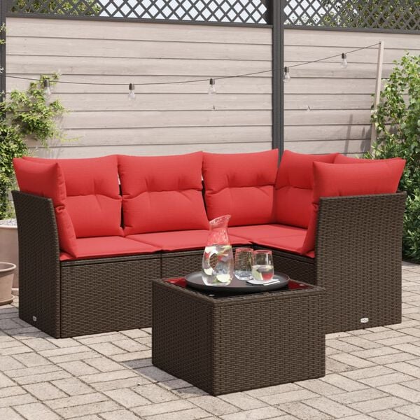 vidaXL 5 Piece Patio Sofa Set with Cushions Brown Poly Rattan