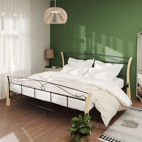 vidaXL Bed Frame Black and Natural Powder-coated metal, solid oak wood