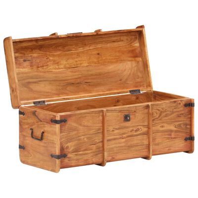 Open wooden chest with lid raised showing interior storage compartment