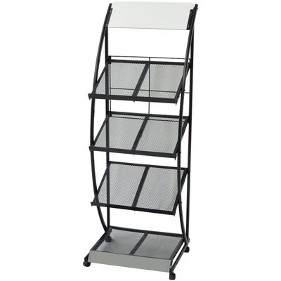 A four-tier metal mesh display rack with wheels and a small white header tray at the top.