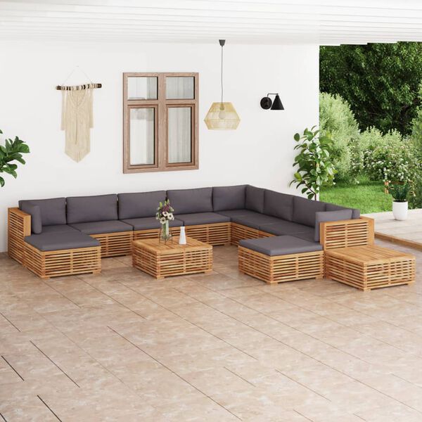 vidaXL 12 Piece Patio Lounge Set with Dark Gray Cushion Solid Teak Wood