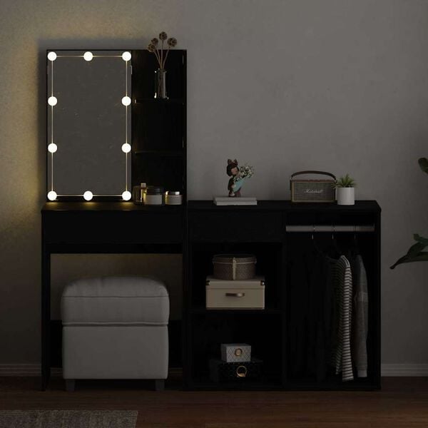 vidaXL LED Dressing Table Black oak 140 x 40 x 140 cm Engineered wood