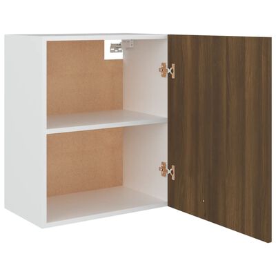Open white cabinet with two shelves and a wood veneer door on the right.