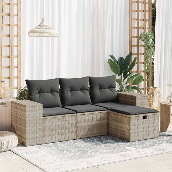 vidaXL Garden Sofa Set Light Grey PE Rattan Adult Size Adjustable Feet