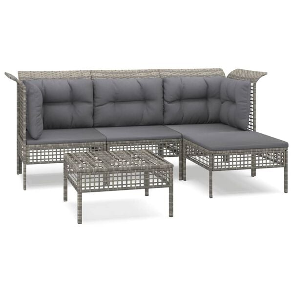 vidaXL 5 Piece Patio Lounge Set with Cushions Grey Poly Rattan