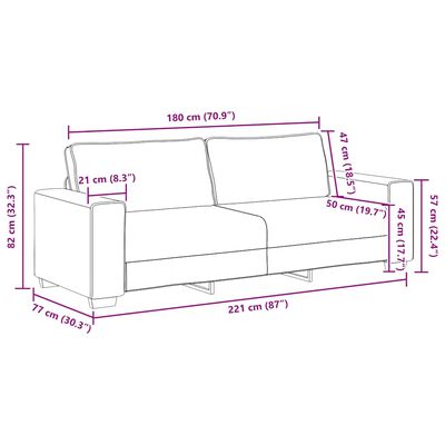 Technical diagram with sofa dimensions in pink and purple measurement lines.
