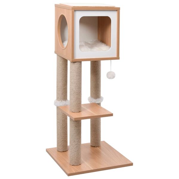 vidaXL Cat Tree Brown, White Wood, MDF, Jute, Sisal, Faux Fur