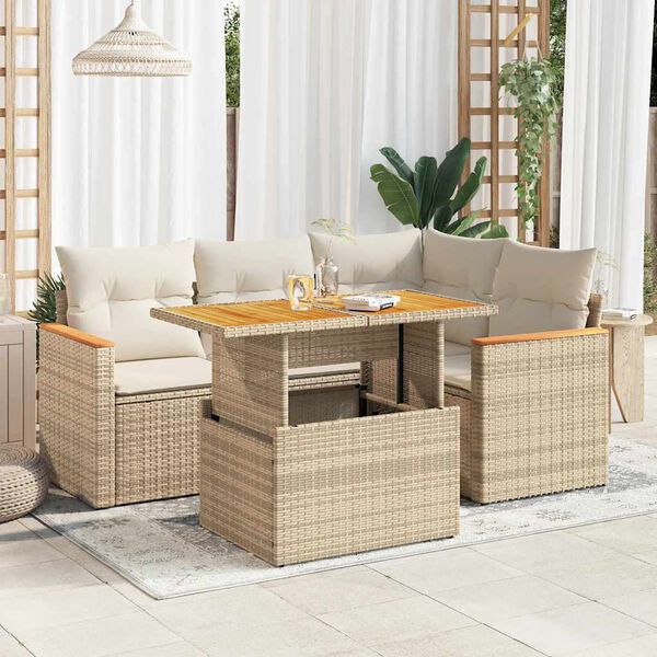 vidaXL 5 Piece Patio Sofa Set with Cushions Beige Poly Rattan Acacia