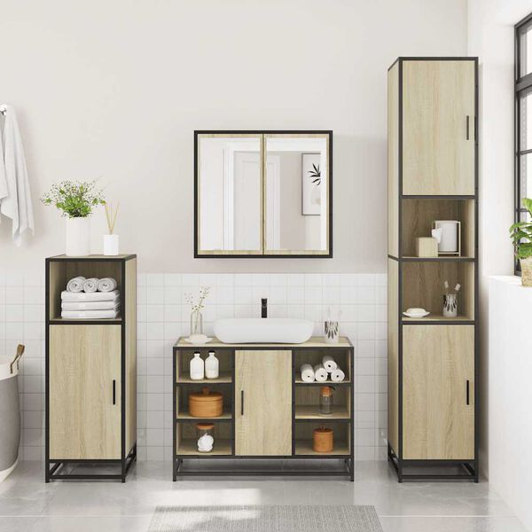 vidaXL Bathroom Furniture Set Sonoma Oak Engineered Wood, Metal Large