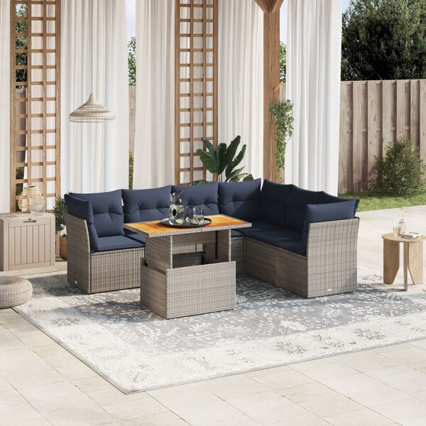 vidaXL 7 Piece Patio Sofa Set with Cushions Gray Poly Rattan