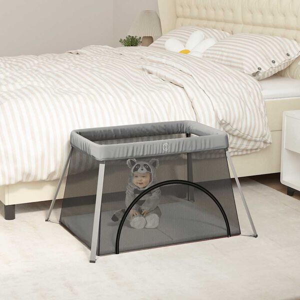 vidaXL Baby Playpen with Mattress Light Gray Linen Fabric