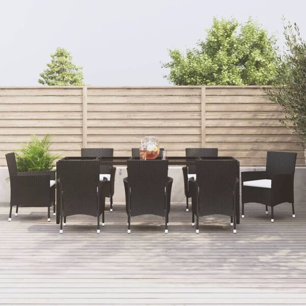 vidaXL 9 Piece Patio Dining Set with Cushions Black Poly Rattan