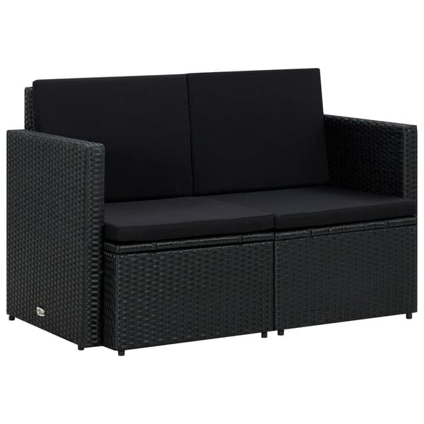 vidaXL Sofa Black PE Rattan, Powder-Coated Steel, Polyester 2-Seater