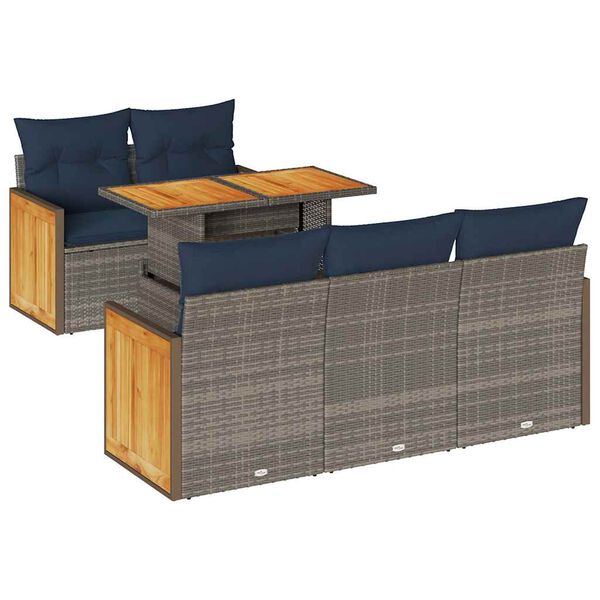vidaXL 6 Piece Patio Sofa Set with Cushions Gray Poly Rattan Acacia