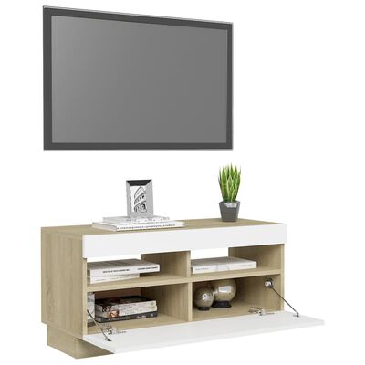 vidaXL TV Cabinet with LED Lights White and Sonoma Oak 31.5"x13.8"x15.7"