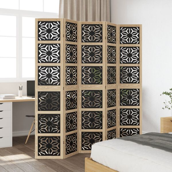 vidaXL Room Divider 5 Panels Brown and Black Solid Wood Paulownia