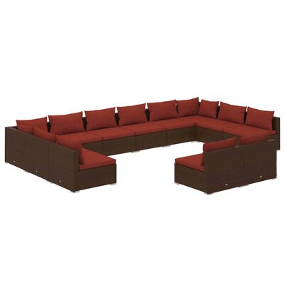 vidaXL 12 Piece Patio Lounge Set with Cushions Brown Poly Rattan