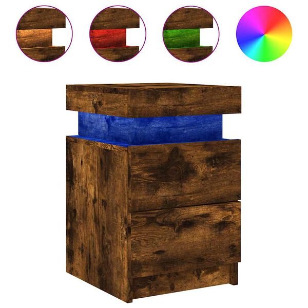 vidaXL Bedside Cabinet with LED Lights Smoked Oak 13.8"x15.4"x21.7"