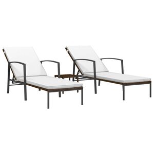 vidaXL Sun Lounger With Table Set of 3 Brown Poly rattan Large