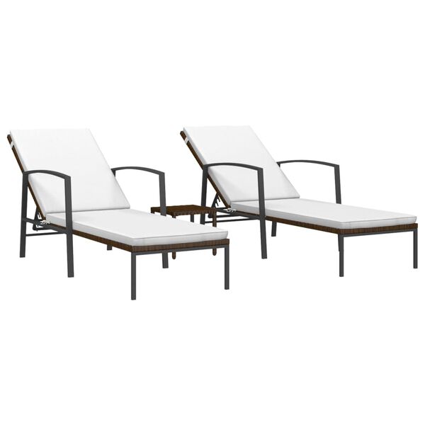 vidaXL Sun Lounger With Table Set of 3 Brown Poly rattan Large