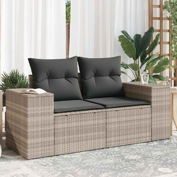 vidaXL Garden Sofa Light Grey PE Rattan, Powder-Coated Steel, Polyester