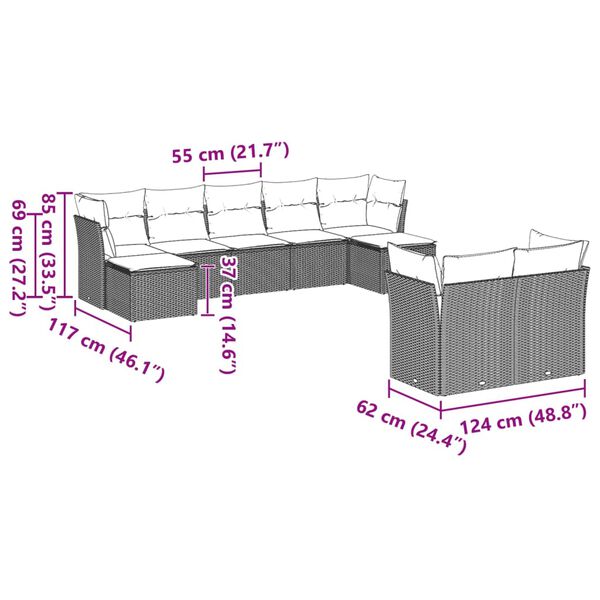 vidaXL Patio Sofa Set Light gray Poly Rattan, Powder-coated steel, Polyester