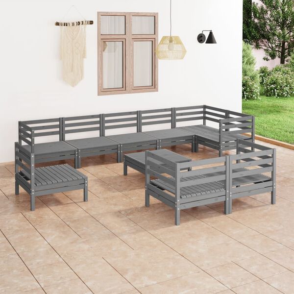 vidaXL 10 Piece Patio Lounge Set Solid Pinewood Gray