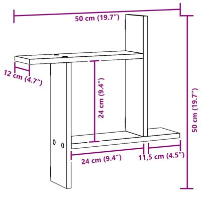 Dimension diagram of the wall shelf with measurements in cm and inches.