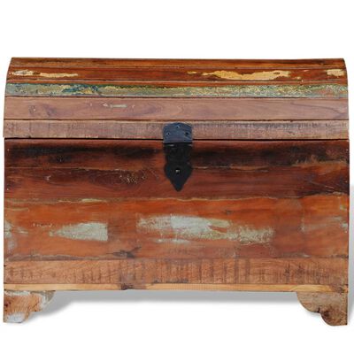 Front view of a distressed wooden chest with metal latch and weathered surface.