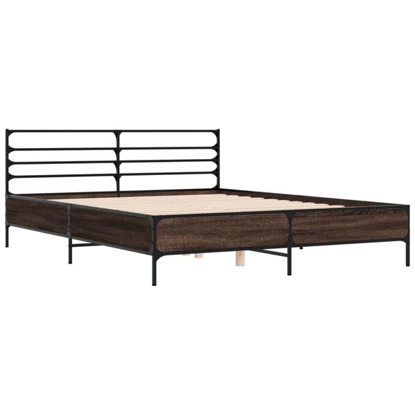 vidaXL Bed Frame Brown Oak Engineered Wood, Metal 63x79 in Bed Frame