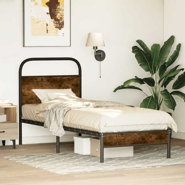 vidaXL Bed Frame Smoked Oak Steel, Engineered Wood Single