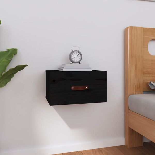 vidaXL Wall-mounted Bedside Cabinet Black Solid Pinewood Compact