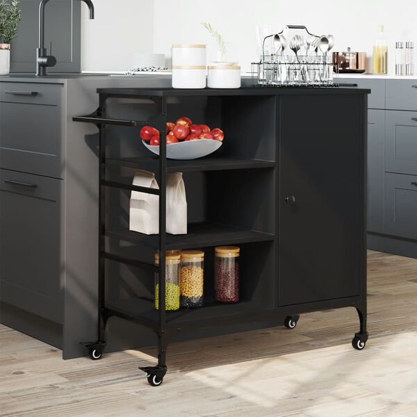 vidaXL Kitchen Trolley Black 34.4"x15.2"x33.3" Engineered Wood