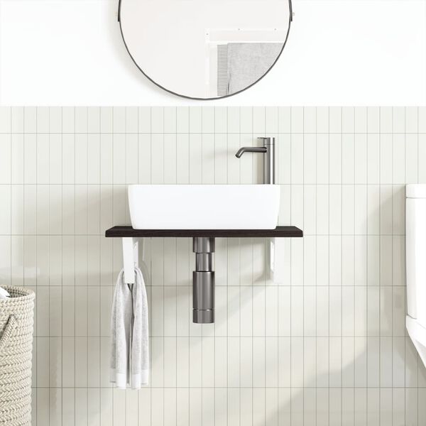 vidaXL Basin Shelf Dark Brown, White Solid Oak Wood, Steel Compact