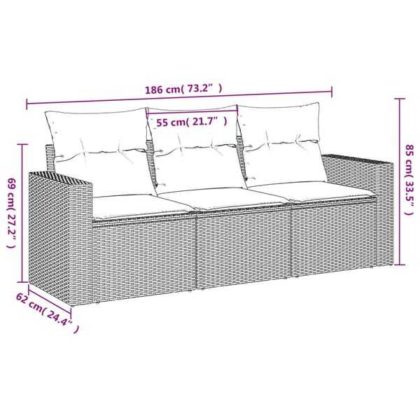 vidaXL Garden Sofa Set Grey PE rattan, powder-coated steel Medium