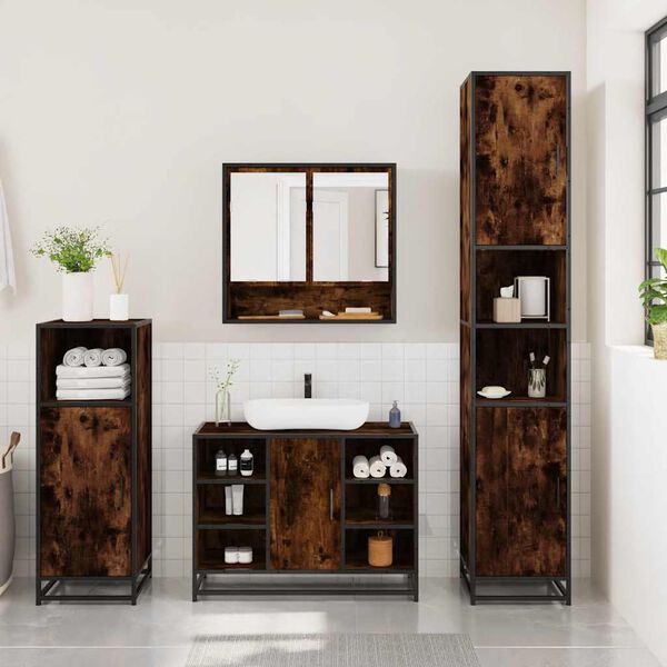 vidaXL Bathroom Furniture Set Smoked Oak Engineered Wood, Metal, Glass