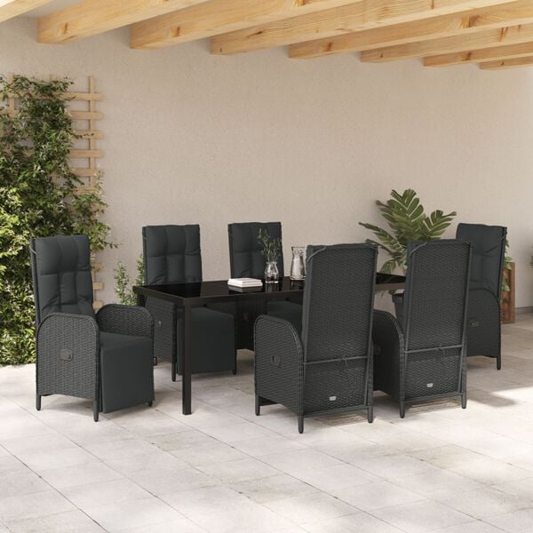 vidaXL Garden Dining Set with Cushion 7 pcs Black Poly Rattan
