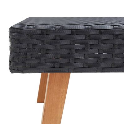 Close-up of dark wicker weave on the edge of a coffee table with wooden legs.