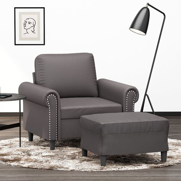 vidaXL Sofa Chair With Footstool Grey Faux Leather 23.6 in Modern