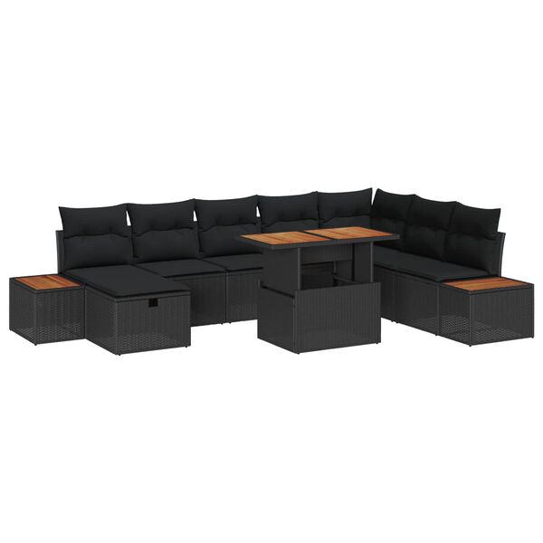 vidaXL Garden Sofa Set with Cushion 9 pcs Black Poly Rattan