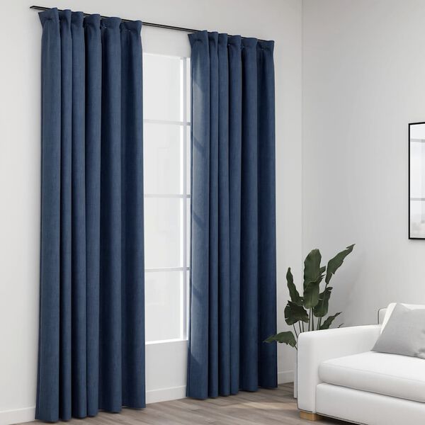 vidaXL Linen-Look Blackout Curtains with Hooks 2 pcs Blue 55.1x88.6"