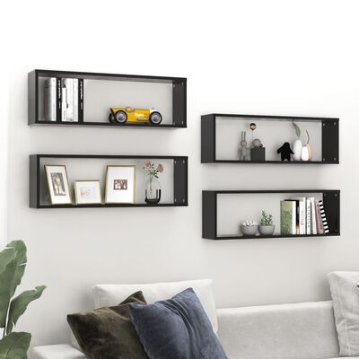 vidaXL Wall Cube Shelves 4 pcs High Gloss Black 31.5"x5.9"x10.4" Engineered Wood