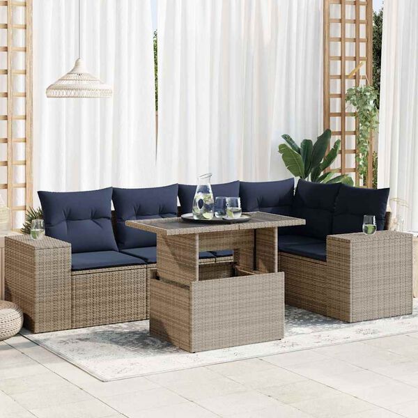 vidaXL 6 Piece Patio Sofa Set with Cushions Black Poly Rattan Acacia