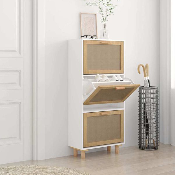 vidaXL Shoe Cabinet White 20.5"x9.8"x45.3" Engineered Wood&Natural Rattan