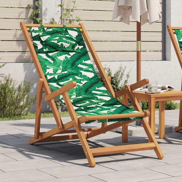 vidaXL Folding Beach Chair Leaf Pattern Solid Wood Eucalyptus and Fabric