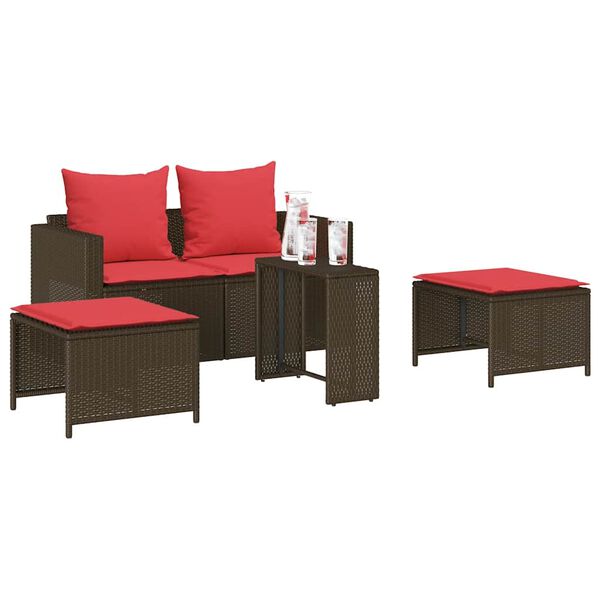 vidaXL 5 Piece Patio Sofa Set with Cushions Stackable Brown Poly Rattan