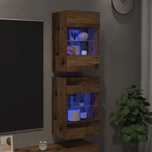 vidaXL TV Wall Cabinet Set of 2 Old wood Engineered wood and glass