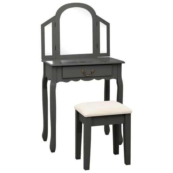 vidaXL Dressing Table with Stool Grey 25.6x14.2x50.4" Paulownia Wood MDF