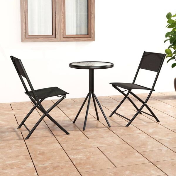 vidaXL Folding Bistro Set Black Steel, tempered glass, textilene Compact